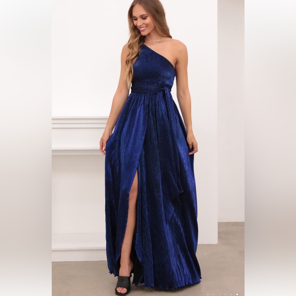 One Shoulder Pleated Klein Blue Maxi Dress- Lucy in the Sky